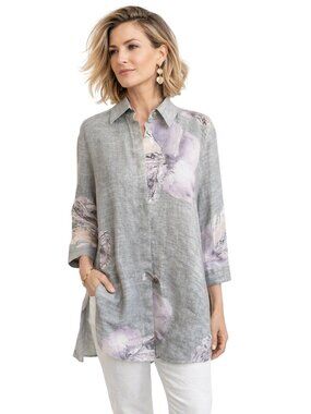 Noen Gray Flax Italian Linen Button-Up Tunic Top Floral Print Womens M Lagenlook